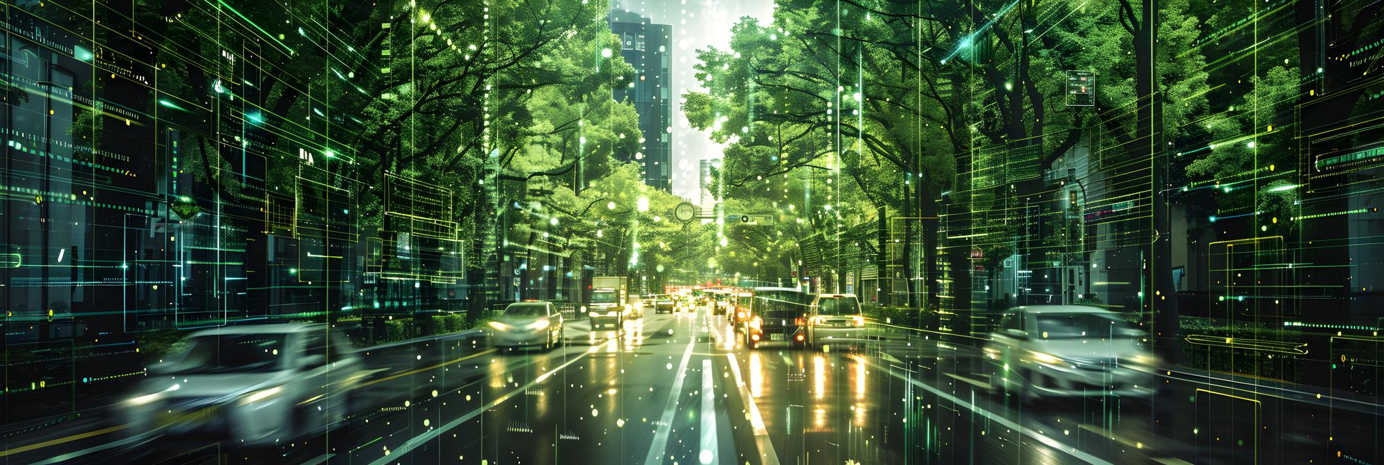 A city street with several cars driving, surrounded by lush green trees. Digital graphics overlay the scene, resembling holographic data streams, hinting at a futuristic or tech-enhanced environment typical of smart cities. | BeTechIT