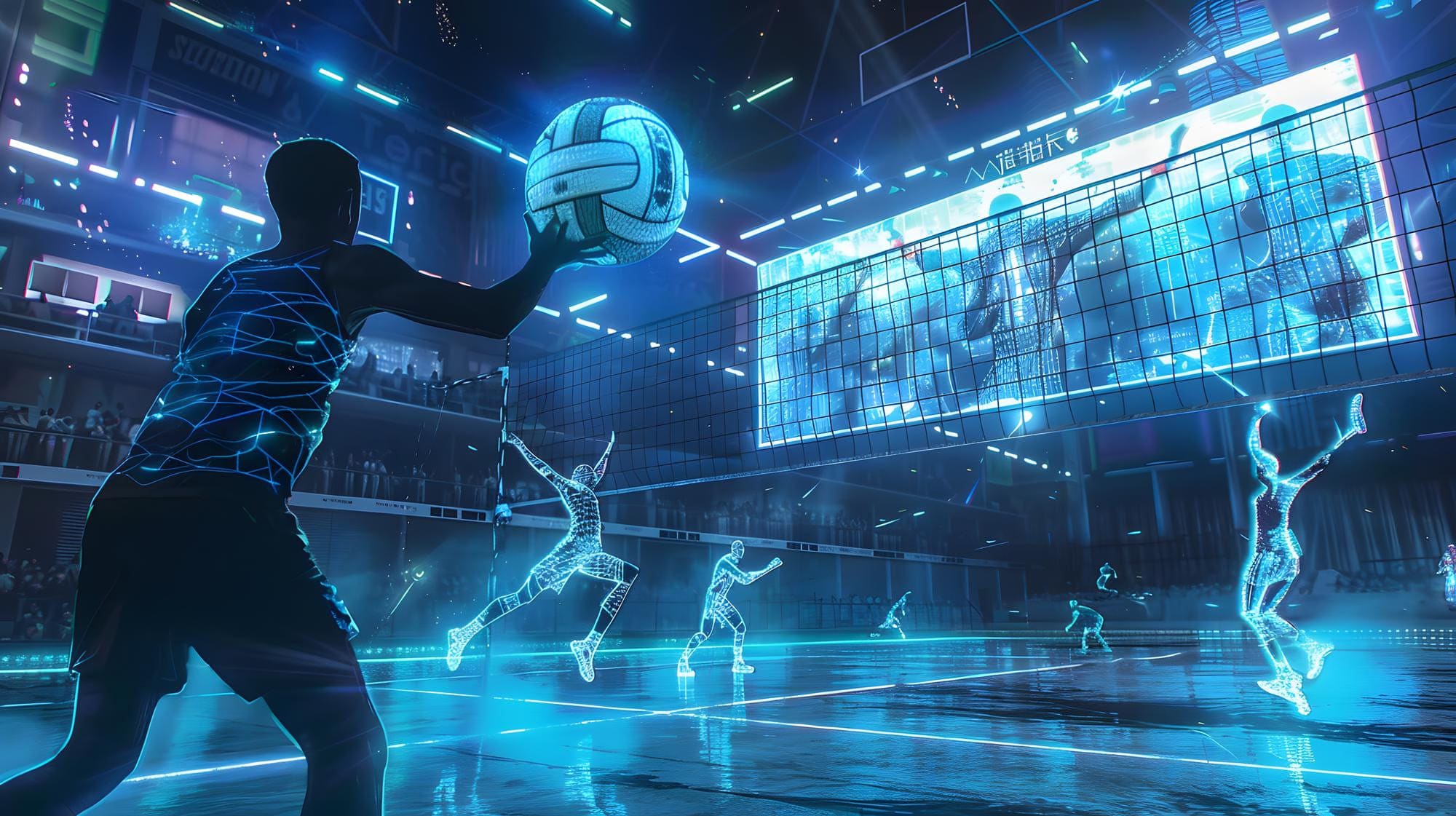 Futuristic volleyball game with glowing players and ball on a neon-lit court under digital lights.