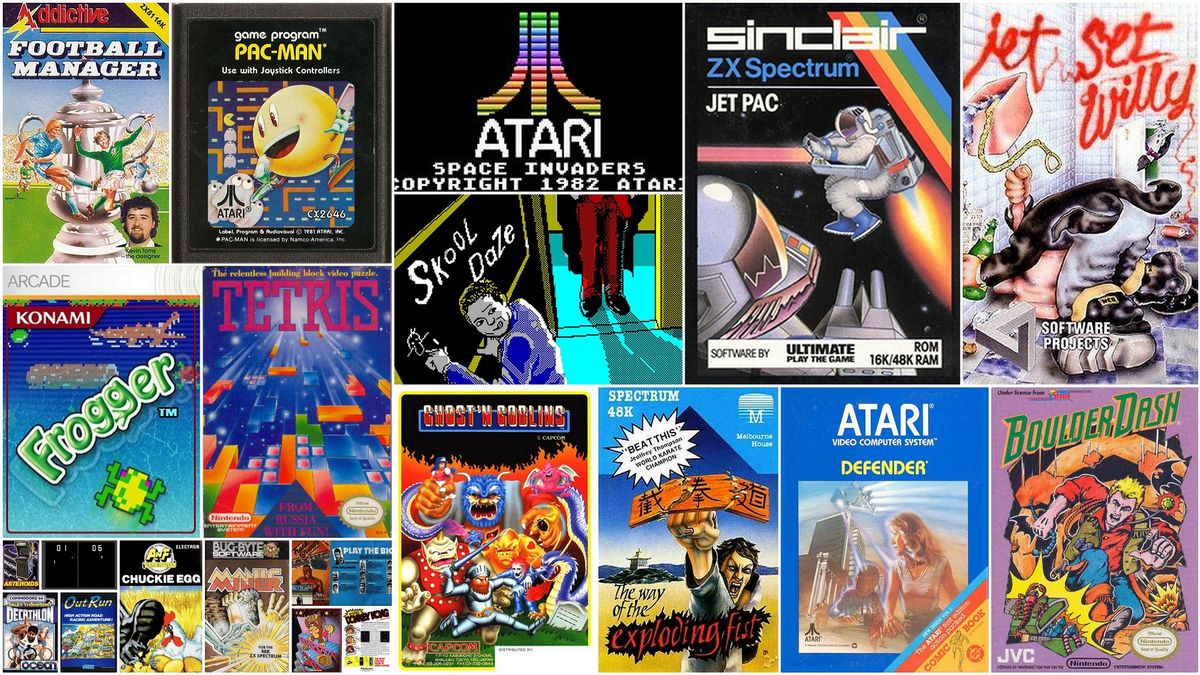 A collage of retro video game covers, featuring titles like Football Manager, Pac-Man, Space Invaders, Jet Pac, Tetris, Spy vs Spy, Cosmic Tunnell, Karateka, The Astonishing Adventures of Mr Weems & the She Vampires, Defender, and Boulder Dash. | BeTechIT