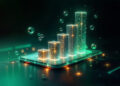 A glowing digital bar graph hovers above a smartphone in a dark, futuristic setting, with floating bubbles and neon green and orange lighting effects. | Betechit.com