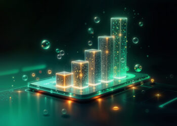 A glowing digital bar graph hovers above a smartphone in a dark, futuristic setting, with floating bubbles and neon green and orange lighting effects. | Betechit.com