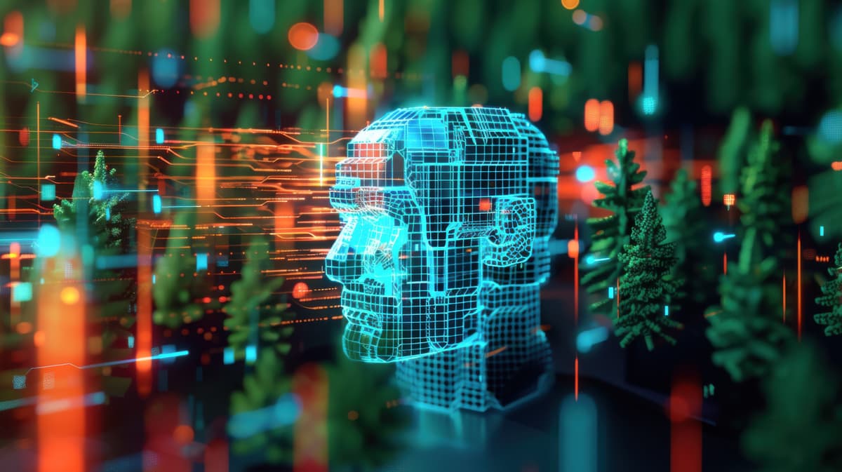 A digital, wireframe head floats amid glowing data streams and graphs, surrounded by small trees, symbolizing the intersection of artificial intelligence and nature or environmental technology. | Betechit.com