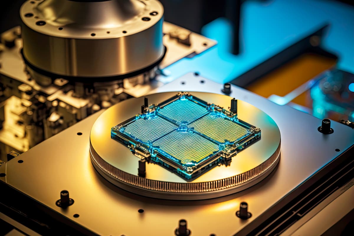 A close-up of advanced computer hardware, featuring a square chip with intricate circuits mounted on a round, metallic platform, illuminated by blue and gold lighting in a high-tech laboratory setting. | Betechit.com