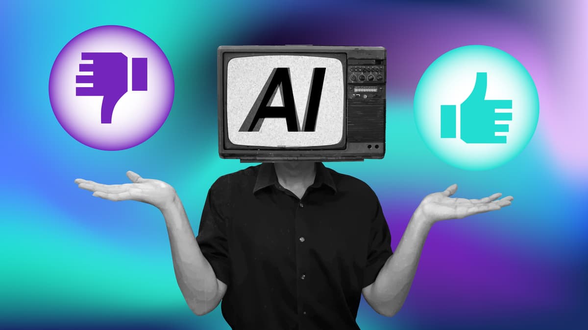 A person with a TV as a head displaying "AI" is holding out both hands, balancing a thumbs down icon on the left and a thumbs up icon on the right, against a vibrant blue and purple background. | Betechit.com