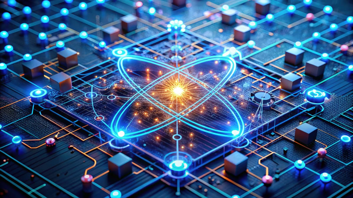 A glowing atomic symbol with energy bursts is superimposed over a futuristic circuit board filled with blue lights, connections, and small cubes, representing advanced technology or quantum computing. | Betechit.com