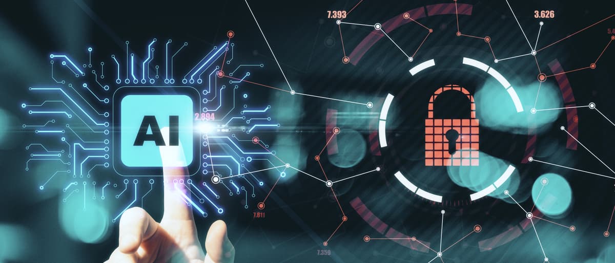 A hand touches a glowing AI chip graphic on the left, while a digital padlock symbol, representing cybersecurity, appears on the right against a background of network connections and data points. | Betechit.com