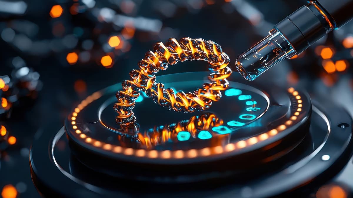 A glowing, spiral DNA model sits on a circular, illuminated platform. A scientific instrument or robotic arm hovers nearby, suggesting advanced biotechnology or genetic engineering in a high-tech lab setting. | Betechit.com