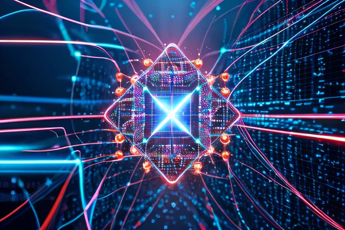 A glowing, futuristic, cube-shaped object with neon lights and digital lines, surrounded by vibrant blue and pink energy streams and binary code patterns, suggesting advanced technology or quantum computing. | Betechit.com