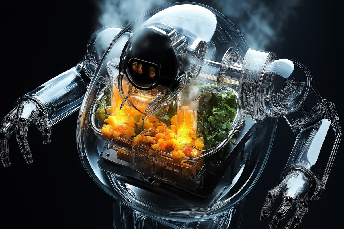 A transparent robot with mechanical arms and a round body contains steaming vegetables and greens inside its torso, resembling a cooking chamber, against a dark background. | Betechit.com