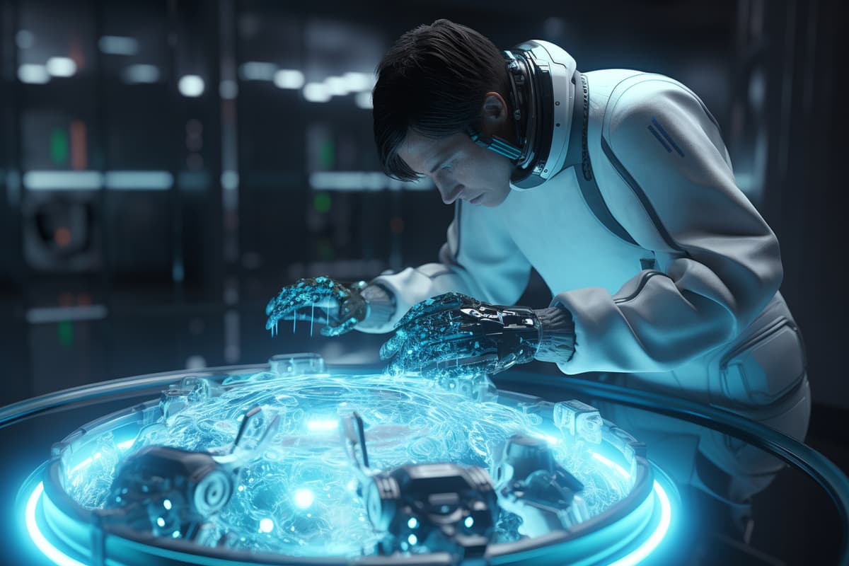 A person in a futuristic suit with robotic hands interacts with a glowing, holographic interface on a round table in a high-tech, dimly lit environment. | Betechit.com