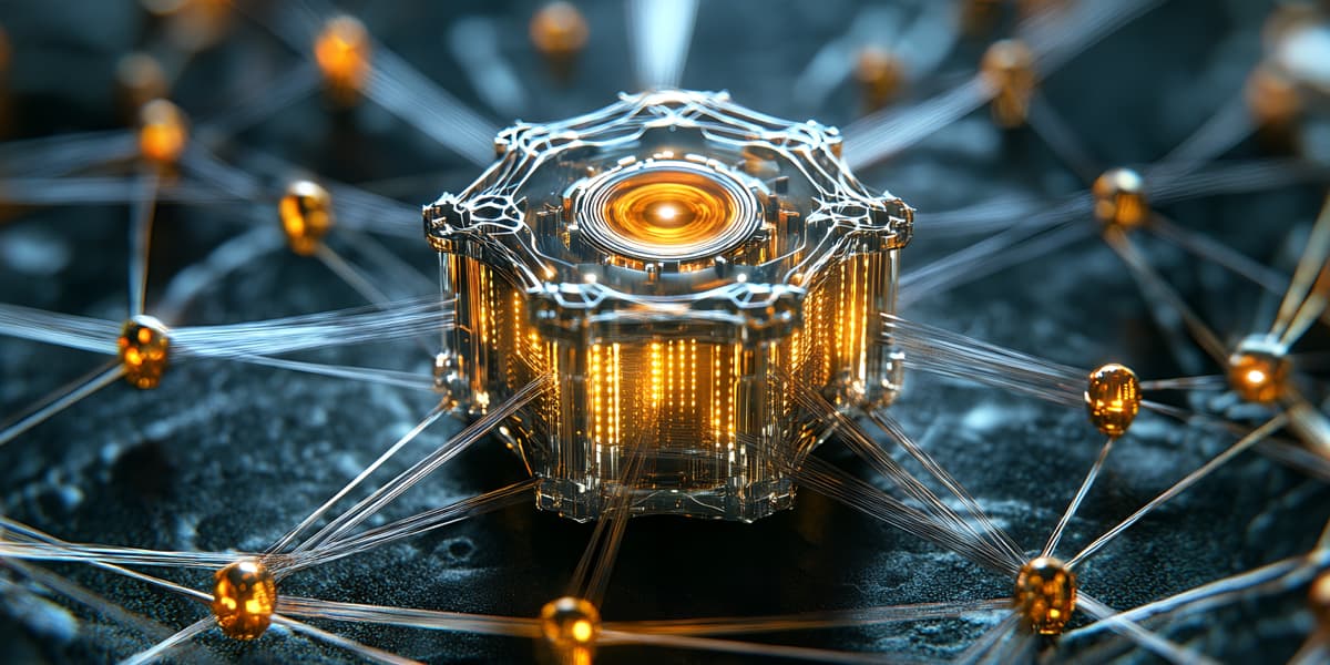 A glowing, futuristic central hub connects to multiple nodes via thin wires, resembling a high-tech network or artificial intelligence system on a dark, textured surface. | Betechit.com