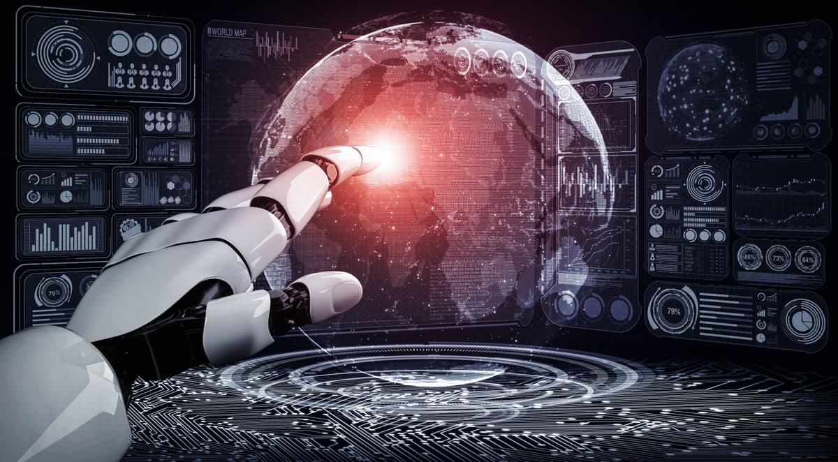 A robotic hand points toward a glowing spot on a digital globe, surrounded by futuristic data visualizations and holographic interface elements, symbolizing artificial intelligence and technology. | Betechit.com