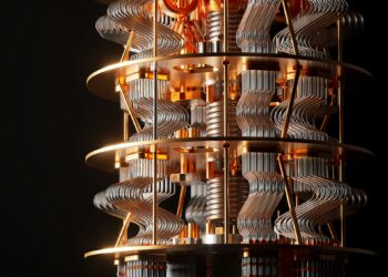 A close-up view of a quantum computer’s intricate interior, showing gold and silver wiring, coils, and circular layers against a black background. | Betechit.com
