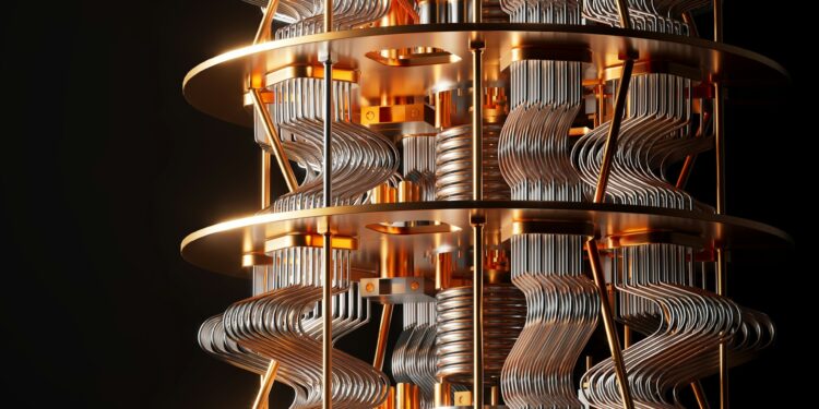 A close-up view of a quantum computer’s intricate interior, showing gold and silver wiring, coils, and circular layers against a black background. | Betechit.com