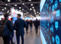 People in business attire walking past a large digital screen displaying glowing blue technology icons at a trade show. | Betechit.com