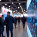 People in business attire walking past a large digital screen displaying glowing blue technology icons at a trade show. | Betechit.com